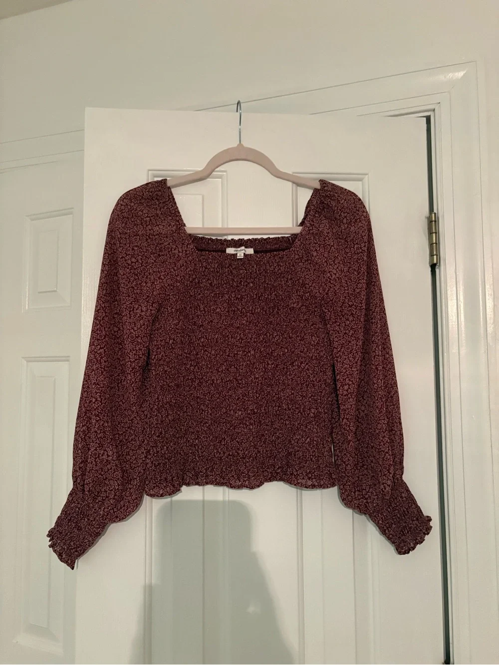 Madewell Lucie Smocked Square-Neck Long Sleeve Top in Dusty Mauve-xs